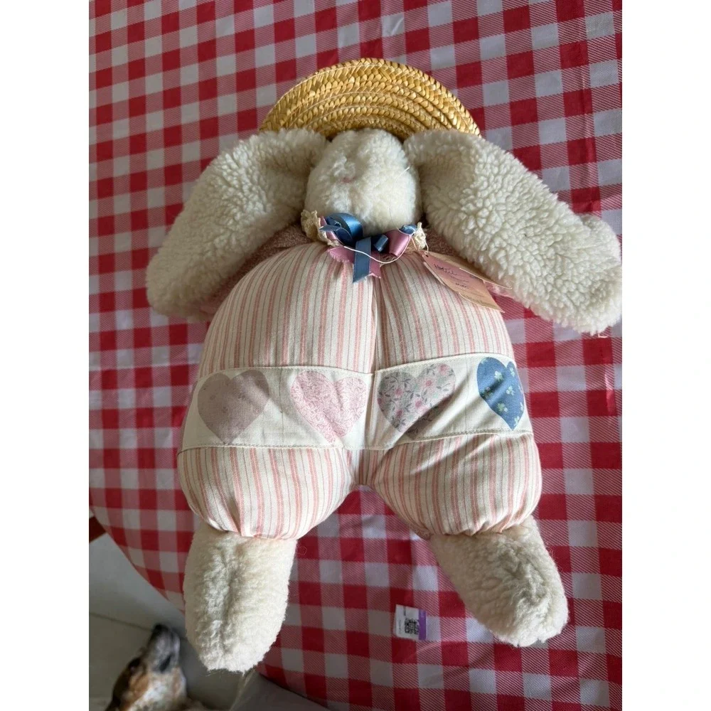 Vintage Best Friend Bunnies Plush Rabbit Pink Striped Hearts Straw Hat 18 inch